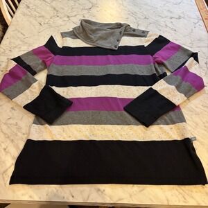 T by Talbots Striped Funnel Neck Button Shoulder Pullover Top Purple Black XS